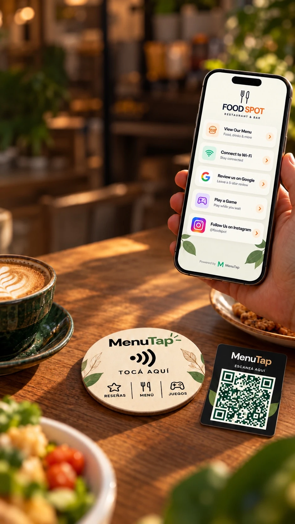 MenuTap guest hub with menu, Wi-Fi, Google reviews, games and Instagram, beside the MenuTap NFC coaster and QR card on a café table