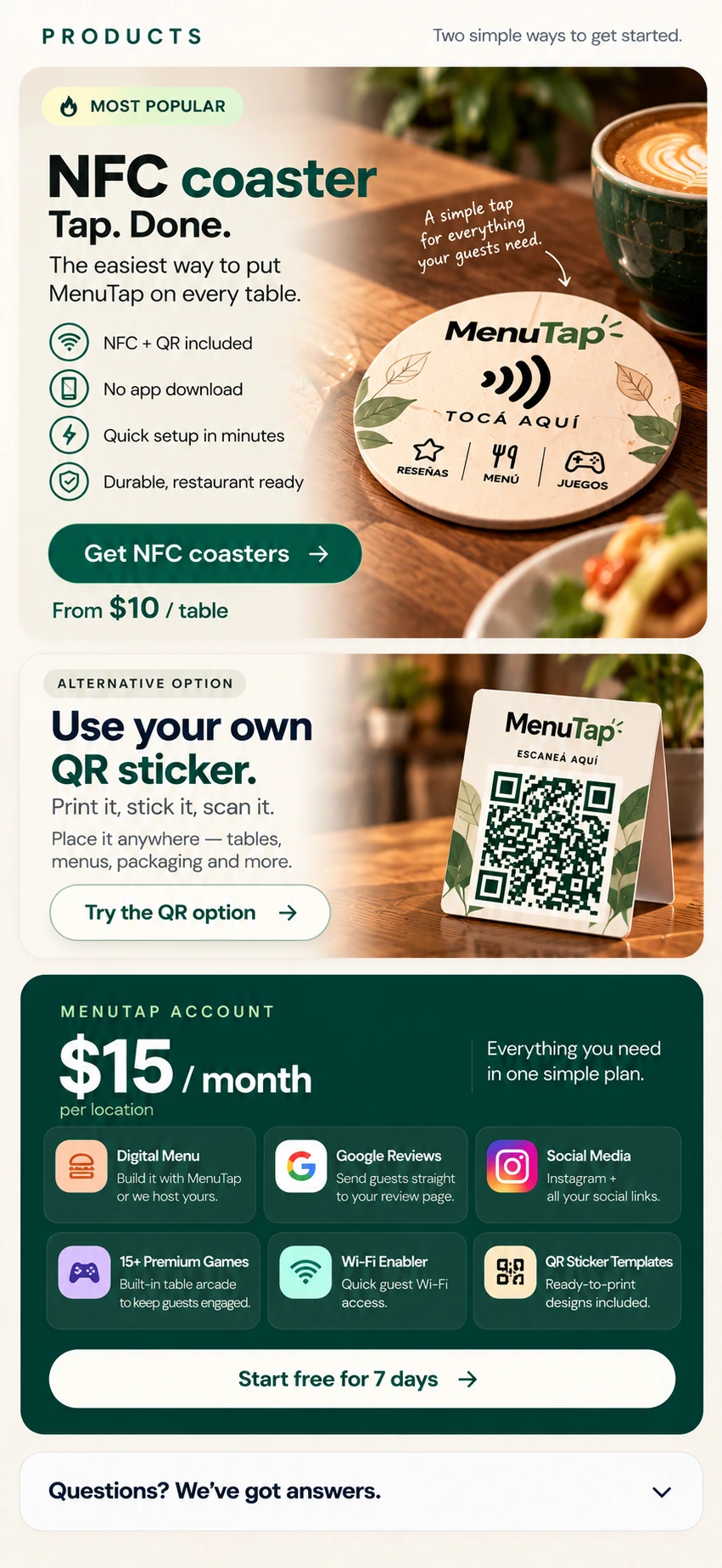 MenuTap NFC coaster resting flat on a restaurant table beside a coffee cup